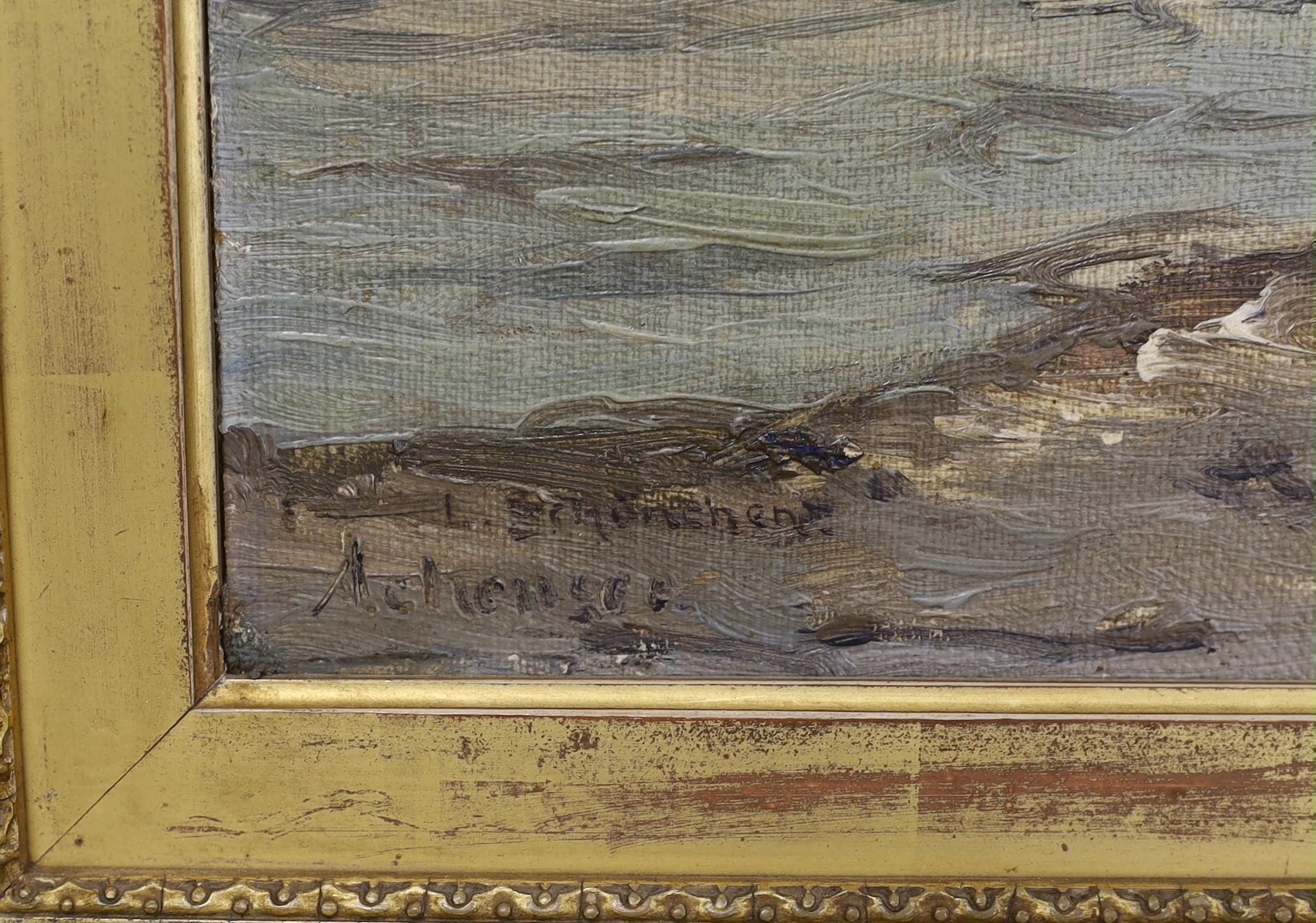 Early 20th century Continental School, oil on board, Mountainous river landscape, indistinctly signed and inscribed verso, Pottsdam?, 29 x 25cm